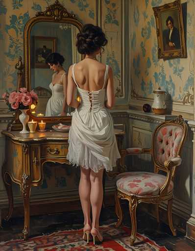 A woman is standing in front of a mirror with her back turned towards the camera. She is wearing a white dress and high heels. The room has a floral wallpaper and gold accents, including a chandelier hanging from the ceiling. A vase filled with flowers sits on a table next to the mirror.