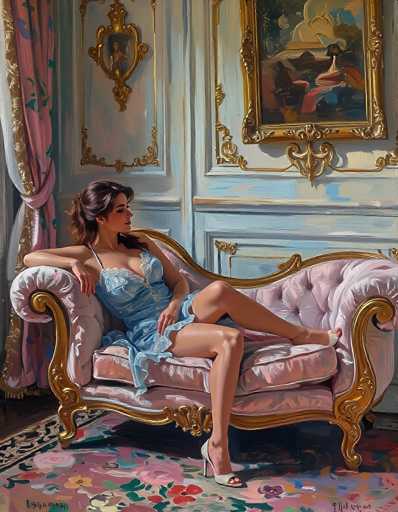 The image depicts a painting of a woman seated on a luxurious, pink velvet chaise lounge adorned with gold trim. The woman, who has long dark hair styled in a ponytail, is wearing a light blue, lacy nightgown with thin straps and white high-heeled shoes. She is positioned with her left leg crossed over her right, her left arm resting on the back of the chaise lounge, and her right arm draped over the armrest. The chaise lounge is placed on a pink floral-patterned rug, which features a mix of red, green, and blue flowers. The background showcases a light blue wall with gold trim, and a pink curtain with gold trim hangs on the left side. Above the woman, two paintings are hung on the wall, one of which is a close-up of a face. The overall scene exudes an air of elegance and sophistication, reminiscent of a classic, refined interior.