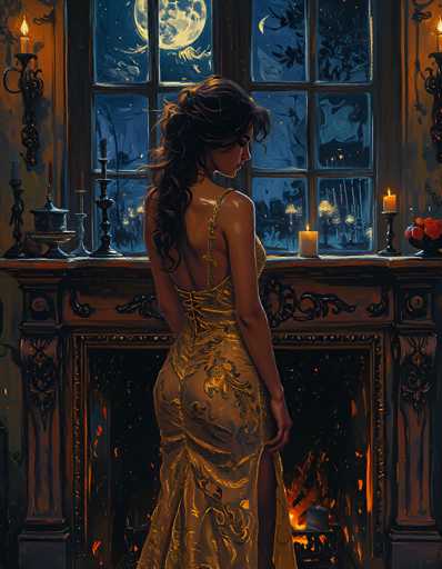 The image portrays a woman standing in front of a large, ornate window, gazing out into the night. She is dressed in a stunning gold gown with thin straps and a deep V-cut back, which accentuates her figure. The dress features intricate floral patterns and a slit on the right side, revealing her leg. Her long, dark brown hair cascades down her back, adding to her elegant appearance. The window she looks out of is divided into 16 panes by brown wooden frames, and it offers a view of a starry night sky with a prominent full moon. The window sill is adorned with several lit candles in candlesticks, casting a warm glow, and a small bowl of red and orange flowers. Below the window, there is a fireplace with a golden frame and a brown wooden mantel, adding to the room's sophisticated ambiance. The overall scene exudes a sense of quiet contemplation and beauty.