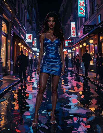 A woman in a vibrant blue satin dress stands confidently on a wet city street at night, her long dark hair flowing in the wind. The street is slick with puddles reflecting the neon lights of the surrounding shops, creating a dynamic and atmospheric scene. The woman is looking directly at the viewer with a captivating gaze. Other people are visible in the background, walking along the street and adding to the urban ambiance. The overall style is a blend of digital painting and illustration, with a focus on dramatic lighting and texture.