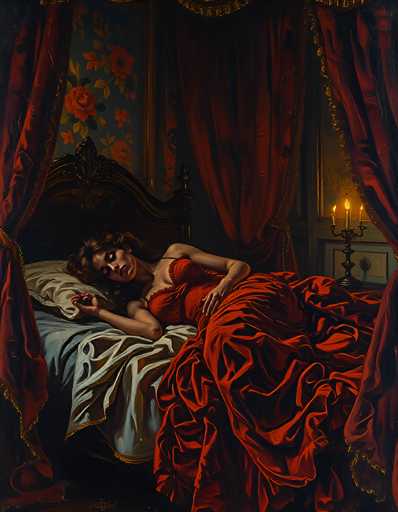 This painting depicts a woman in a richly adorned bedroom, exuding an air of opulence and tranquility. She is reclining on a bed with a dark brown, intricately carved headboard, her head resting on a white pillow. The woman is dressed in a flowing, red satin gown that matches the deep red curtains with gold trim that frame the bed. Her long, dark brown hair cascades around her as she lies on her side, her eyes gently closed, suggesting a state of peaceful slumber or deep relaxation. Her left hand rests on her hip while her right hand is positioned behind her head. The bed is covered with a white sheet, and the floor beneath is dark brown. To the right of the bed stands a candelabra holding three lit candles, casting a warm glow over the scene. The wallpaper behind the bed features a blue background adorned with large red flowers and green leaves, adding to the room's luxurious ambiance. The overall composition, with its rich colors and detailed elements, evokes a sense of historical elegance, reminiscent of a bygone era.