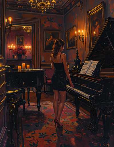 The image depicts a detailed painting of a woman playing a grand piano in an opulent room. The woman, dressed in a short black dress with thin straps and red high heels, has her brown hair styled in a ponytail. She is seated at a black grand piano, with her left hand on the keys and her right hand poised to play. The room is richly decorated, featuring a red carpet with blue and yellow floral patterns. 

To the left of the woman, there is a black table adorned with three lit candles and a vase of red flowers. The walls are adorned with several paintings, including a portrait of a woman in a blue dress and another of a man playing a horn. The room is illuminated by a chandelier hanging from the ceiling and additional wall sconces, casting a warm glow over the scene. The overall ambiance suggests a luxurious and elegant setting, possibly a grand ballroom or a sophisticated living room.