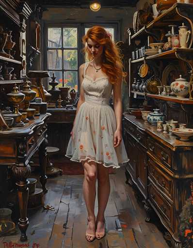 In this detailed painting, a young woman with long, wavy red hair stands in the center of a kitchen, gazing downward. She is dressed in a sleeveless white dress adorned with pink flowers and wears a necklace. Her toenails are painted pink, and she is wearing sandals. The kitchen around her is filled with various items: to her left, there is a brown table with gold vases, and to her right, another brown table holds a blue vase, a white vase with red flowers, and a white bowl. The background features a window with a brown frame, through which green trees and a brown fence are visible. The floor is made of brown wood, and the walls are gray. A light bulb hangs from the ceiling, illuminating the scene. The painting is signed in red at the bottom left corner, though the signature is not legible.
