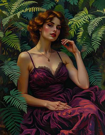 A woman with red hair is seated on a bench in a lush green forest. She is wearing a purple dress and has her hands resting on her lap. The background features an abundance of ferns and other vegetation, creating a serene and tranquil atmosphere.