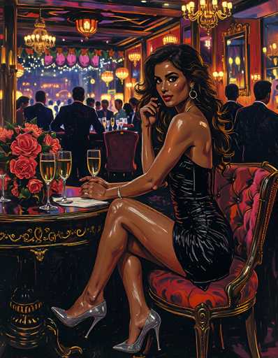 The image portrays a strikingly realistic painting of a woman seated at a round table in an upscale bar or restaurant. She is elegantly dressed in a tight, black leather dress that accentuates her figure, paired with silver high heels. Her long, wavy black hair cascades down her back, and she accessorizes with gold hoop earrings and a bracelet on her right wrist. The woman's right hand rests on the table, while her left hand is raised to her face, as if she is deep in thought or engaged in conversation. 

The table in front of her is adorned with a bouquet of pink roses and several champagne flutes filled with a golden liquid. The table itself is black with gold trim, adding to the luxurious ambiance. She sits on a plush, red velvet chair with gold trim, which complements the opulent setting.

In the background, the bar area is bustling with men in suits, their backs turned to the viewer, creating a sense of depth and activity. The bar is illuminated by numerous chandeliers and hanging lights, casting a warm glow over the scene. The overall atmosphere is one of sophistication and elegance, with the woman as the focal point of the painting.