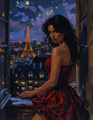 This painting depicts a young woman with long, dark hair cascading down her back, standing in front of an open window. She is adorned in a striking red dress with a ruffled bottom and a corset-like top, her bare shoulders adding to the elegance of her appearance. Her red lipstick and the way she gazes over her shoulder towards the viewer create a captivating focal point. The scene outside her window reveals a nighttime cityscape, with the iconic Eiffel Tower illuminated in the distance, surrounded by other buildings with lit windows. The sky above is a blend of dark blue and purple hues, dotted with clouds and featuring two moons—one yellow and one blue. The overall composition exudes a sense of mystery and allure, reminiscent of a classic film noir setting.