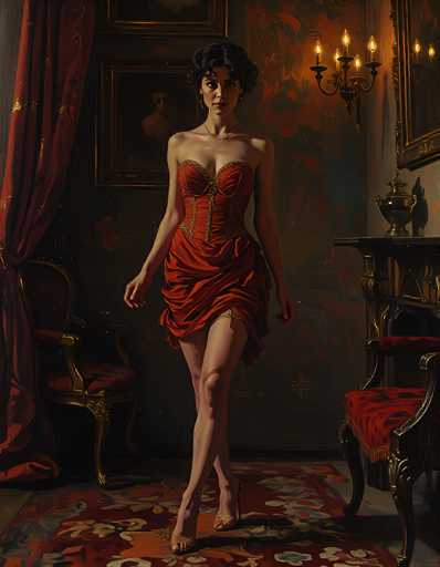 The image depicts a woman standing in a dimly lit room, exuding an air of elegance and mystery. She is dressed in a striking red dress that features a low-cut neckline, a corset-like bodice, and a high slit on the right side, revealing her leg. The dress is adorned with gold trim, adding a touch of opulence. Her dark hair is styled in a short, curly bob, and she wears gold high heels that complement her attire. The woman's expression is serious, and she gazes directly at the viewer.

The room around her is richly decorated, with a dark red and gold carpet beneath her feet. To her left, there is a red curtain, and to her right, a table with a red cushion and a gold base. The walls are dark, almost black, and feature a painting in a gold frame. A chandelier with four lights hangs from the ceiling, casting a soft glow over the scene. The overall ambiance is one of sophistication and intrigue, with the woman as the focal point in her vivid red dress.