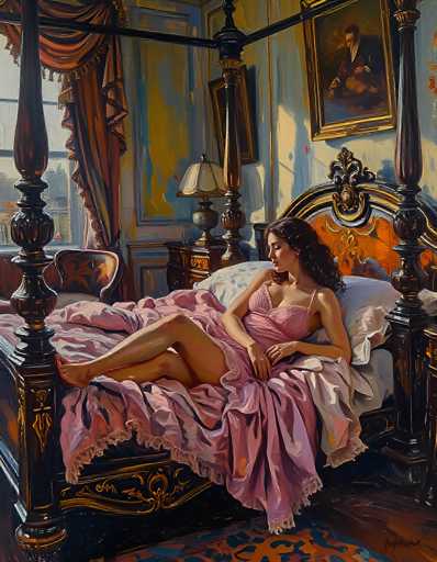 A detailed oil painting of a woman reclining in a luxurious four-poster bed. The woman is fair-skinned with long, dark curly hair and is wearing a delicate pink satin nightgown. She is lying on her side, looking towards the left of the frame with a serene expression. Her legs are draped over the edge of the bed, and her arms rest gently on the bedspread. 

The bed is ornate, with dark wooden posts and a richly decorated headboard featuring orange accents. The bedding is a mix of pink satin sheets and a light-colored blanket, with draped curtains in shades of orange and red framing the window. 

The room is bathed in soft, warm light, with sunlight streaming in from a window on the left side of the frame. The walls are painted in muted blues and yellows, with a partially visible painting hanging above the bed. A small table with a lamp sits beside the bed, adding to the intimate and luxurious atmosphere of the scene. The overall style is reminiscent of a classical portrait, with a focus on soft lighting and detailed textures.