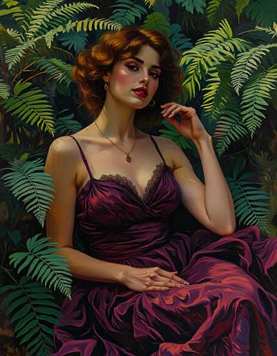 The image depicts a woman with striking red hair, styled in a short, curly bob that frames her face. She is seated amidst a lush backdrop of green ferns, which adds a natural, vibrant element to the scene. Her attire is a stunning purple dress, adorned with intricate lace detailing at the top. The dress features thin straps and a low neckline, accentuating her elegant figure. Around her neck, she wears a delicate necklace with a small pendant, adding a touch of sophistication to her ensemble. Her makeup is bold, with bright red lipstick that complements her hair color, and she wears gold hoop earrings that catch the light. The woman's pose is poised and graceful, with one hand resting on her lap and the other raised near her face, as if she is about to touch her chin. Her gaze is directed slightly to the right, giving the impression of contemplation or thoughtfulness. The overall composition of the image is both captivating and serene, highlighting the woman's beauty and the tranquil setting around her.