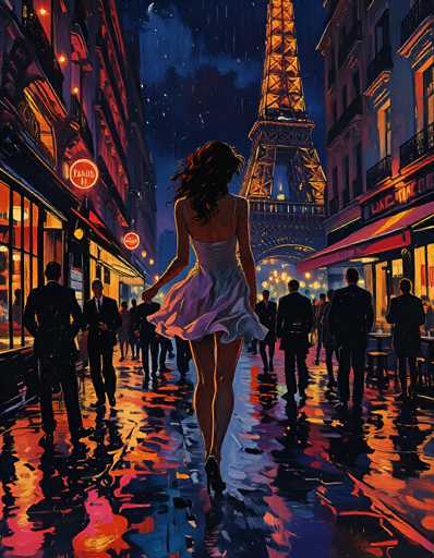 The image depicts a vibrant, cartoonish painting of a woman walking down a bustling city street at night, reminiscent of Paris. The woman, with long dark hair, is dressed in a short, white dress and black high heels. She is walking away from the viewer, her right arm slightly extended. The street is lined with tall buildings on both sides, adorned with neon signs and awnings. On the left side, there are storefronts with people standing outside, while on the right side, there are more buildings and a restaurant with outdoor seating. The wet pavement reflects the city lights, adding a shimmering effect to the scene. In the background, the iconic Eiffel Tower stands illuminated, confirming the Parisian setting. The overall atmosphere is lively and colorful, with a mix of reds, oranges, and yellows from the neon lights and reflections on the wet street.