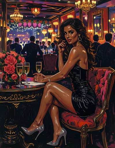 A woman is seated at a table with wine glasses and flowers on it. She is wearing a black dress and high heels. The background shows other people sitting at tables, suggesting this could be a restaurant or bar setting.