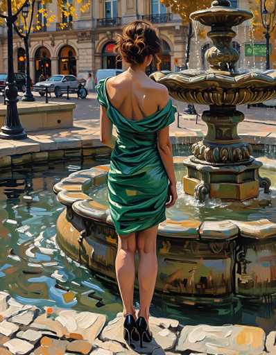 The image depicts a detailed painting of a woman standing in front of a large, ornate fountain in a bustling city square. The fountain, which is the focal point of the scene, features a central column with water cascading down into a large basin, surrounded by a smaller basin at the top. The woman, viewed from behind, is wearing a green dress that is low-cut and off-the-shoulder, revealing her bare back. Her brown hair is styled in a bun, and she is wearing black high heels. She stands on a stone pathway that encircles the fountain, gazing into the distance. The background showcases a grand, multi-story building with arched doorways and windows, reminiscent of a European architectural style. The building is adorned with a red sign and a green sign, and the scene is further animated by parked cars and pedestrians. The overall atmosphere is one of elegance and urban sophistication, captured in the intricate details of the painting.