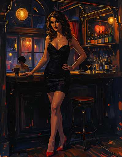 A woman stands confidently on a bar stool at a dimly lit bar, wearing a black dress and red heels. The bar is filled with various bottles of alcohol, suggesting a lively atmosphere. A window in the background lets in soft light that illuminates the scene.