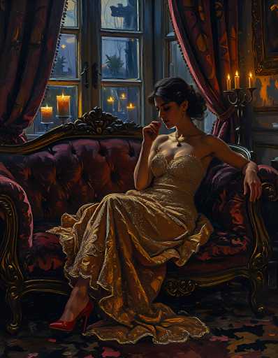 The image depicts a woman seated on a luxurious, red velvet sofa with gold trim, which is positioned in front of a large window. The window, framed in white, offers a view of a nighttime scene outside, where a tree and a bush are visible. The woman, who has dark brown hair styled in a bun, is wearing a strapless, gold sequined dress that extends to her ankles, paired with red high heels. She is adorned with a gold necklace featuring a brown pendant. Her right arm rests on the arm of the sofa, while her left hand is raised to her chin. The room is dimly lit, with the primary illumination coming from a candelabra on the right side of the image, which holds three lit candles. The walls are painted a dark gray, and a red curtain hangs on the left side of the window. The floor is covered with a dark red carpet featuring a black and yellow floral pattern.