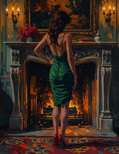 The image depicts a detailed painting of a woman standing in front of a fireplace, facing away from the viewer. She has long, dark brown hair that cascades down to her waist and is dressed in a green dress with thin straps and a backless design. Her legs are bare, and she is wearing red high heels. The woman stands with her left hand on her hip, her elbow bent, while her right arm hangs straight down. 

The fireplace behind her is lit, with a fire burning brightly, and features a black metal grate. The fireplace is framed by a grayish stone mantle adorned with intricate carvings and flanked by two tall, rectangular columns. Above the mantle hangs a large, ornate gold-framed painting, though its details are indistinct. 

On the left side of the mantle, there is a white vase filled with red roses, and on the right side, a blue vase with a single red flower. The wall behind the fireplace is painted a greenish-blue color, and two candelabras with three lit candles each are mounted on either side of the painting. The floor in front of the fireplace is covered by a red carpet with blue and yellow floral patterns.