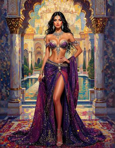 This detailed painting depicts a striking woman standing in a grand, ornate palace. She has long, wavy black hair cascading down her shoulders and wears a silver headpiece adorned with a jewel that hangs between her eyes. Her attire is a stunning purple and gold dress, intricately designed with a deep V-neckline that reveals her midriff and a high slit on the right side, showcasing her leg. The dress features a mix of purple and gold hues, with a sash draped elegantly over her left arm. She accessorizes with a large, ornate silver necklace and dangling earrings, and her feet are adorned with silver high-heeled sandals. The woman's pose is confident, with her left hand resting on her hip and her right hand holding the dress. Behind her, the palace's interior is grand, with white columns accented in gold, a large pool of water, and a majestic chandelier hanging from the ceiling. The floor beneath her is a vibrant mosaic of red, yellow, and blue tiles, adding to the opulence of the scene.