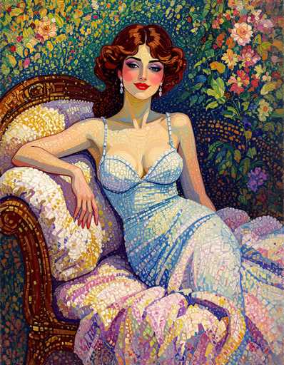 The image is a detailed painting of a woman seated on a wooden chair, adorned with a large, colorful pillow. The woman, who has short, curly brown hair and is wearing a blue dress with thin straps, is looking directly at the viewer. Her makeup includes red lipstick, and she is accessorized with long earrings. The background is a vibrant mix of colors, featuring a floral pattern with various flowers in shades of pink, purple, yellow, and green. The painting style is reminiscent of pointillism, with the image composed of numerous small dots of color, giving it a mosaic-like appearance. The overall scene is rich in detail and color, creating a visually striking and dynamic composition.