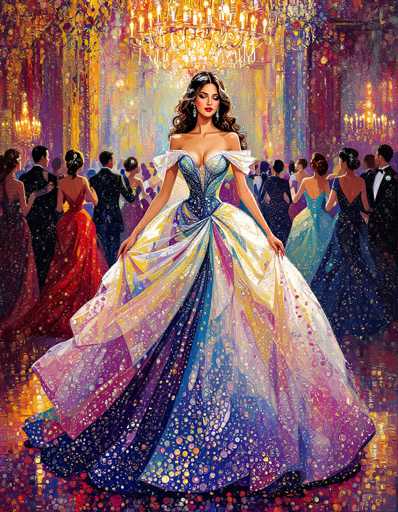 The image depicts a vibrant and colorful painting of a grand ballroom, reminiscent of the 1800s or 1900s. The scene is filled with elegantly dressed men in tuxedos and women in long, flowing gowns. At the center of the painting stands a woman with long, dark brown hair, adorned with silver earrings. She is wearing a stunning blue dress with a corset-like bodice and a voluminous skirt that flares out, decorated with intricate patterns of yellow, pink, and blue. The dress features a sheer overlay adorned with multicolored dots, adding to its opulence. She holds the sides of her dress with both hands, gazing down at it. Above her head, a large chandelier casts a warm glow, illuminating the room. The ballroom is bustling with people, all dressed in formal attire, creating a lively and elegant atmosphere. The painting's style is rich in detail, with a palette that includes shades of blue, yellow, pink, purple, red, and black, enhancing the overall vibrancy of the scene.