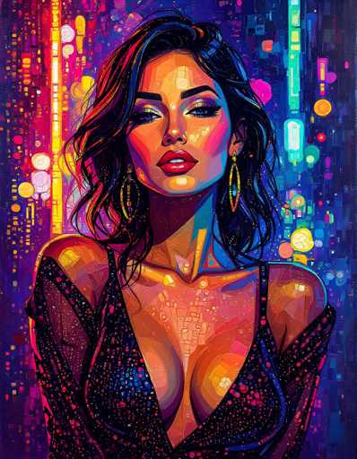 This vibrant, computer-generated image features a strikingly beautiful woman with tanned skin and long, wavy black hair. She is adorned with large, dangling gold earrings and wears a low-cut, sparkly black dress that reveals her cleavage. Her makeup is meticulously applied, with bold red lipstick and long eyelashes accentuating her blue eyes. The background is a mesmerizing blend of colors, including shades of pink, purple, yellow, and blue, creating a dynamic and almost cosmic atmosphere. The woman gazes directly at the viewer, exuding confidence and allure.
