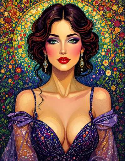 This image is a vibrant, detailed painting of a woman, set against a background of lush greenery and an array of colorful flowers. The flowers are depicted in various hues, including red, yellow, blue, and purple, with green leaves interspersed throughout. The woman is the focal point of the painting, standing with a confident posture. She is adorned in a purple dress that features a low neckline, showcasing her cleavage. The dress is intricately designed with a pattern of multicolored dots, adding to the overall charm of the painting. The woman has dark brown hair, which is styled in a wavy fashion that frames her face. Her makeup is striking, with red lipstick and green eyes that are accentuated by purple eyeshadow. She is wearing long, dangling earrings that add to her elegant appearance. The overall composition of the painting is rich in detail and color, creating a captivating and harmonious scene.