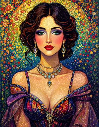 This vibrant painting depicts a woman with striking features, set against a dynamic, colorful background. The woman, who has fair skin, is adorned with an array of jewels and intricate details. Her dark brown hair is styled in a curly, shoulder-length bob, with a few loose strands framing her face. She wears heavy purple eyeshadow and bright red lipstick, accentuating her large, expressive green eyes. Her cheeks are blushed, adding a touch of warmth to her face.

Her attire is equally elaborate, featuring a low-cut, purple dress with blue straps and a matching shawl. The dress is embellished with jewels and intricate patterns in shades of blue, red, and yellow. A prominent necklace with a large central jewel hangs around her neck, complemented by a smaller chain necklace. She also wears dangling earrings, each adorned with multiple jewels.

The background is a mesmerizing blend of blue, yellow, and red hues, filled with numerous small, flower-like shapes that create a sense of movement and energy. These flowers, in various colors, seem to float around her, enhancing the overall lively and dynamic atmosphere of the painting.