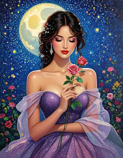 A woman is standing against a backdrop of a full moon and stars. She is wearing a purple dress with a ruffled collar and holding a rose in her hand. The background features a garden filled with pink and white flowers.