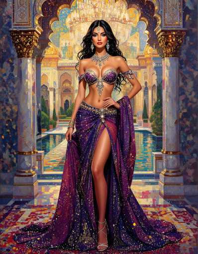 A woman is standing in front of a large archway with intricate designs and gold accents. She is wearing a purple dress that flows down to her feet, and she has her hair styled in an elegant updo. The background features a painting depicting a palace or castle-like structure, which adds to the regal atmosphere surrounding the woman.