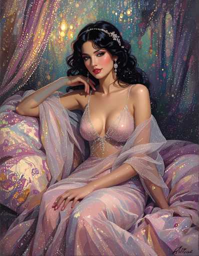 This image is a detailed painting of a young woman, likely in her early 20s, with long, dark, curly hair adorned with a silver headband. She has striking red lips, rosy cheeks, and is wearing diamond earrings. Her attire is a shimmering, pastel-colored ensemble that includes a sparkly bra top and a flowing skirt, both in shades of pink, purple, and blue. The woman is seated on a couch that matches her dress, with her left arm resting on the back of the couch and her right arm on her knee. She is looking directly at the viewer, exuding a sense of confidence and allure. The background features a mix of purple, blue, and green hues, with a pattern of dots and circles that add to the overall dreamy and magical atmosphere of the painting.