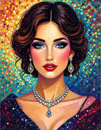 The image is a detailed, colorful painting of a woman with a striking appearance. She has short, wavy brown hair that is parted in the middle and styled in a way that it frames her face. Her blue eyes are accentuated with purple eyeshadow, and she has red lips that are slightly parted, revealing her top teeth. She is adorned with dangling earrings that feature blue teardrop pendants and a matching blue teardrop pendant necklace. The woman is wearing a black dress with a single shoulder strap on her left side, and the dress is decorated with multicolored dots. The background of the painting is vibrant, filled with multicolored dots that create a lively and dynamic atmosphere. The overall style of the painting is reminiscent of mosaic art, with the woman's face and body composed of small, distinct shapes that add to the intricate and textured look of the artwork.