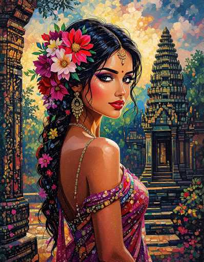 The image portrays a young woman of Indian descent, elegantly adorned in traditional attire. She is dressed in a vibrant sari that features a rich palette of colors, including shades of purple, red, and blue. The sari is intricately designed with floral patterns and delicate beads, adding to its opulent appearance. The garment drapes gracefully over her shoulder, showcasing the intricate craftsmanship of Indian fashion.

Her long, dark hair is styled in a braid that cascades down her back, adorned with an array of colorful flowers. The flowers in her hair are a mix of pink, red, yellow, and purple, adding a lively burst of color to her ensemble. She wears a golden chain around her neck, which complements her overall look of elegance and grace.

The woman's face is accentuated with traditional makeup, including kohl-lined eyes and red lipstick, enhancing her natural beauty. A bindi adorns her forehead, a symbol often associated with Indian culture and spirituality. She gazes directly at the viewer with a serene and composed expression, exuding confidence and cultural pride.

The background of the image features elements that evoke a sense of ancient Indian architecture, with structures resembling temples or palaces. These buildings are rendered in muted tones of blue, yellow, and green, creating a harmonious backdrop that complements the vibrant colors of her attire. The setting appears to be outdoors, with a clear blue sky and lush greenery visible, suggesting a peaceful and picturesque environment.

Overall, the image captures the essence of Indian beauty and tradition, with the woman as the focal point, her attire and appearance embodying the rich cultural heritage of India.