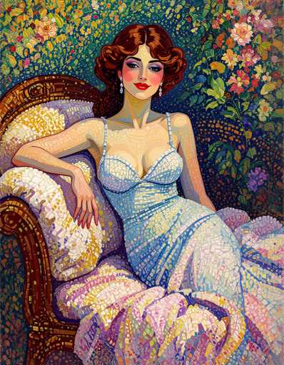 The image depicts a woman sitting on a chair with her legs crossed and her hands resting on the armrests. She is wearing a white dress that contrasts with the colorful background of flowers and foliage surrounding her. The painting style is realistic, capturing the intricate details of the woman's features and clothing.
