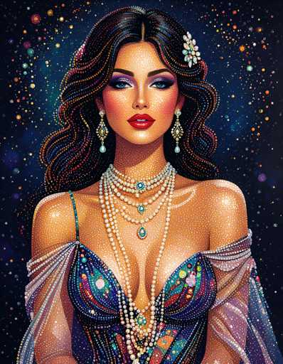 The image depicts a woman with long dark hair wearing a blue dress and pearls. She is standing against a black background speckled with small white dots, giving the impression of stars or a galaxy. The woman's face is turned towards the camera, creating an engaging visual narrative that draws the viewer into her world.