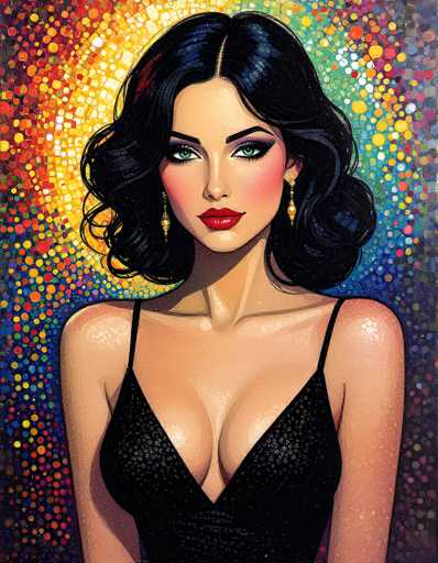This image is a detailed, computer-generated painting of a young woman, likely in her 20s, with a striking and alluring appearance. She has long, wavy black hair that cascades down to her shoulders, with a middle part and a slight curl at the ends. Her complexion is fair, and she has a narrow face accentuated by her full, red lips and heavy black eyeliner that frames her green eyes. She wears long, dangling gold earrings that add to her glamorous look.

Her attire is a black, sequined dress with thin straps and a low-cut neckline that reveals a significant amount of cleavage. The dress appears to be sleeveless, and the image captures her from the waist up. Her shoulders are bare, and her arms hang straight down by her sides.

The background is a vibrant mosaic of multicolored dots, creating a dynamic and eye-catching backdrop. The colors transition from a yellowish hue behind her head to a more diverse palette of blues, reds, and purples towards the edges of the image. This colorful mosaic effect enhances the overall allure and modern art style of the painting, making the woman stand out as the focal point of the composition.