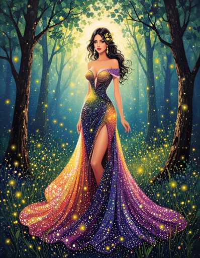 A woman is standing in front of a forest with her hair styled in an elegant updo and wearing a long, flowing dress that transitions from purple at the bottom to pink at the top. The background features trees and bushes, creating a natural setting for the scene.