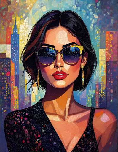 This vibrant, pop art-style painting features a striking woman with dark, shoulder-length hair, adorned with gold earrings. She wears large, purple sunglasses with gold rims, and her lips are painted a vivid red. Her attire is a black dress, decorated with colorful dots in shades of pink, blue, and green. The background is a mosaic of tall, multicolored buildings, reminiscent of New York City's skyline, with hues of blue, yellow, red, and purple. The woman's face is illuminated by a light source, casting a shadow on her neck, and she gazes directly at the viewer, exuding confidence and allure.