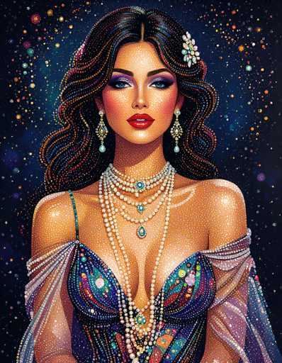 This image is a detailed, computer-generated portrait of a young woman, possibly in her 20s, with long, wavy, dark brown hair adorned with a flower on the left side. Her hair cascades down to her shoulders, framing her face. She has striking blue eyes accentuated by purple eyeshadow and wears bright red lipstick. Her skin is a light tan, decorated with small white dots that give her a unique, almost pixelated appearance.

She is dressed in a low-cut, blue and purple dress that features intricate patterns and is adorned with beads and sequins, giving it a shimmering effect. The dress has a single strap on her right shoulder, while her left shoulder is bare. Over her shoulders, she wears a shawl or scarf that drapes elegantly down to her waist. Around her neck, she wears multiple strands of pearls, with a prominent blue pendant necklace that adds a touch of regality to her ensemble.

The background of the image is a dark blue, resembling a night sky filled with colorful stars in shades of yellow, red, and blue. This starry backdrop enhances the ethereal and dreamlike quality of the portrait, making the woman appear almost celestial.