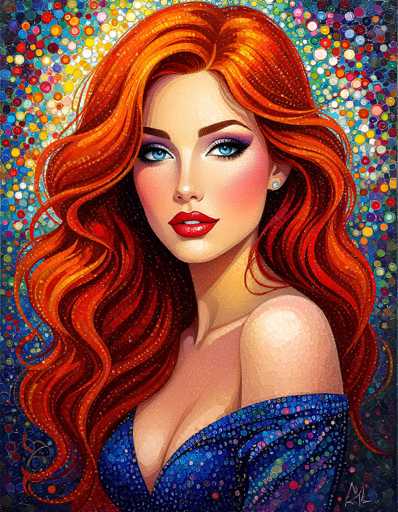This image is a detailed, computer-generated painting of a young woman with long, wavy red hair that cascades down to her waist. She has striking blue eyes, accentuated by black eyeliner and mascara, and her lips are painted a vivid red. Her complexion is fair, and she wears a touch of pink blush on her cheeks. She is adorned with small, diamond-like stud earrings. The woman is dressed in a blue sequined dress that reveals a significant amount of cleavage, with the dress sliding off her left shoulder, exposing her bare shoulder. The background is a vibrant mosaic of multicolored circles, featuring shades of blue, yellow, red, pink, purple, and green, creating a dynamic and lively atmosphere. The painting is signed in the bottom right corner with the initials "R.L."