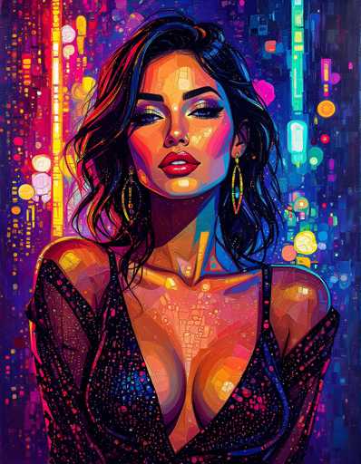The image depicts a woman with long dark hair wearing a black dress and earrings. She is standing against a backdrop of colorful lights that create an abstract pattern on the wall behind her. The colors used in the painting are predominantly blue, pink, yellow, and orange, which contribute to the overall vibrant and energetic atmosphere of the piece.