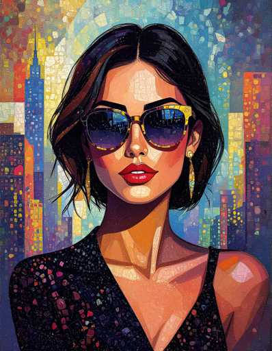 The image depicts a woman wearing sunglasses and a black dress with red accents. The background features a city skyline with buildings of various colors and sizes, creating an urban atmosphere.