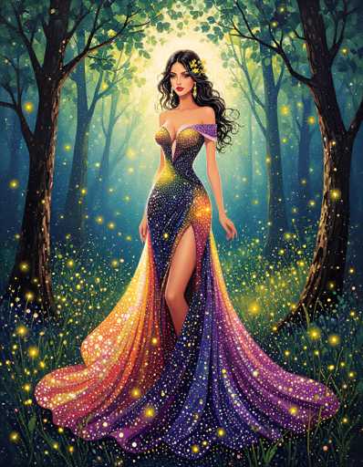 The image portrays a captivating fantasy scene featuring a woman standing in the center of a lush forest. She is adorned in a stunning, form-fitting dress that accentuates her figure, with a single strap elegantly draped over her left shoulder. The dress is a mesmerizing blend of purple, yellow, and orange hues, adorned with sparkling white dots that give it a magical, ethereal quality. The dress flares out at the bottom, creating a dramatic and enchanting silhouette.

The woman has long, flowing black hair that cascades down her back, adding to her ethereal appearance. Her striking red lips and the delicate yellow flowers woven into her hair further enhance her mystical allure. She stands with her hands resting gently at her sides, exuding a sense of serene confidence.

Surrounding her are tall trees with brown trunks and vibrant green leaves, forming a natural canopy that frames the scene beautifully. The forest floor is carpeted with lush green grass, interspersed with numerous glowing yellow lights that resemble fireflies, adding a touch of magic to the setting. The overall atmosphere is one of enchantment and wonder, perfectly capturing the essence of a fairy tale or fantasy world.