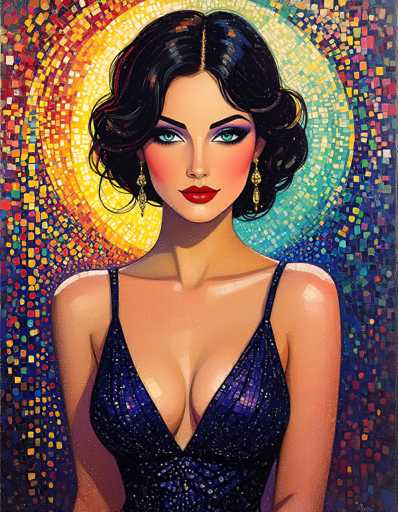 This image is a vibrant, cartoon-style painting of a woman with a striking appearance. She has short, wavy black hair that is parted in the middle, and her eyes are a vivid green. Her lips are painted a bold red, and she wears long, dangling gold earrings. She is dressed in a sequined, blue dress with thin straps and a plunging neckline that accentuates her cleavage. The background is a mosaic of colorful squares, creating a dynamic and lively backdrop. Behind her head, there is a circular pattern that transitions from yellow to blue, adding to the overall vividness of the scene. The woman is looking directly at the viewer, exuding confidence and allure.