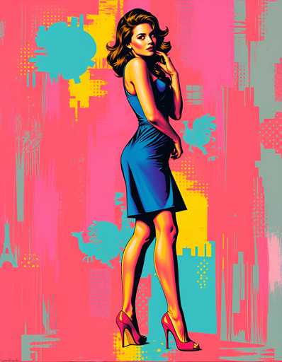 The image depicts a woman wearing a blue dress and high heels standing against a pink background with yellow and green stripes. The woman is positioned centrally within the frame, facing towards the right side of the image.