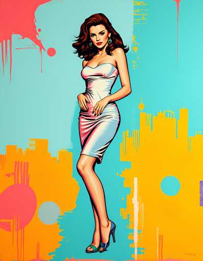 The image depicts a woman wearing a white dress and high heels standing against a vibrant blue background with orange and yellow splatters. The woman is positioned centrally within the frame, facing towards the right side of the image.