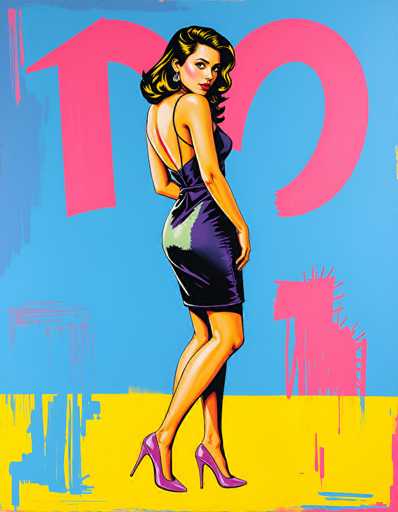 The image is a vibrant, cartoon-style painting of a woman standing in a confident pose. She is wearing a tight, purple dress that accentuates her figure, with a back that is open and a single shoulder strap. Her dress is complemented by purple high heels. The woman has long, black hair with yellow highlights and is adorned with silver earrings. She is looking over her shoulder directly at the viewer, her head slightly tilted, giving a sense of engagement. The background is a striking mix of colors: a light blue wall with a pink arrow pointing upwards, and a yellow floor. The painting also features abstract elements, including blue and pink paint splatters, adding to the dynamic and artistic feel of the piece.