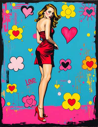The image is a vibrant, pop art-style painting featuring a glamorous woman with long, wavy blonde hair and red lipstick. She is dressed in a tight, red dress that accentuates her figure, paired with red high heels. The woman is posed with her back to the viewer, but her head is turned over her right shoulder, gazing directly at the observer. The background is a striking blue, adorned with an array of colorful hearts and flowers in shades of pink, yellow, red, and black. The word "LOVE" is prominently displayed in red, underlined, near her right leg. The floor beneath her is a vivid pink, and the entire scene is framed by a black border, adding to the bold, graphic quality of the artwork.