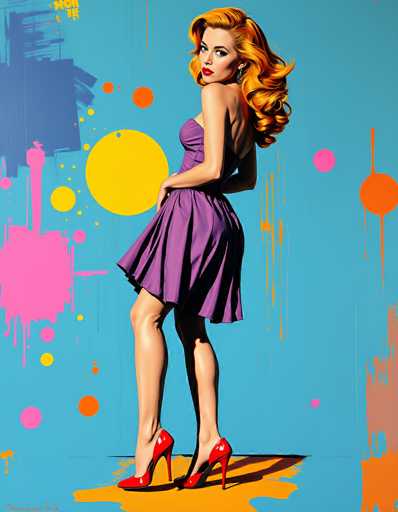 The image depicts a vibrant, retro-style painting of a woman with long, wavy, orange hair, standing against a light blue background. She is wearing a purple dress that falls just above her knees and has a strap over her right shoulder. Her red high heels complement her striking red lipstick and the dangling earrings in her left ear. The woman is positioned with her back to the viewer, but she has turned her head to look over her right shoulder, her eyes gazing directly at the viewer. The background is adorned with splashes of various colors, including yellow, orange, pink, and blue, creating a dynamic and lively atmosphere. The painting is signed in the bottom left corner, though the signature is not legible.