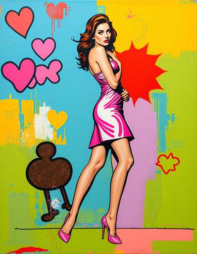 The image depicts a woman wearing a pink dress and high heels standing on a green platform with her arms crossed over her chest. The background features a vibrant mix of blue, red, yellow, and pink colors, creating an abstract art style reminiscent of pop art.