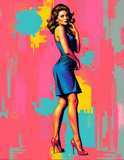 The image is a vibrant, pop art-style painting of a woman with long, wavy brown hair, styled in a 1950s fashion. She is depicted in a blue dress that falls just above her knees, with a single shoulder strap and a low neckline. The woman is standing with her legs slightly apart, her right leg positioned forward, and her left leg back. She is wearing high heels, and her right hand is raised to her chin, while her left hand rests by her side. Her head is turned to the right, and she gazes directly at the viewer.

The background is a dynamic mix of colors and shapes, featuring splashes of pink, yellow, blue, and green. Notable elements include a turquoise circle in the upper left corner, a yellow square in the upper right, and a turquoise circle with a turquoise Eiffel Tower in the lower left. The lower right corner is predominantly pink with a green streak. The overall composition is highly colorful and abstract, creating a lively and eye-catching backdrop for the elegantly posed woman.