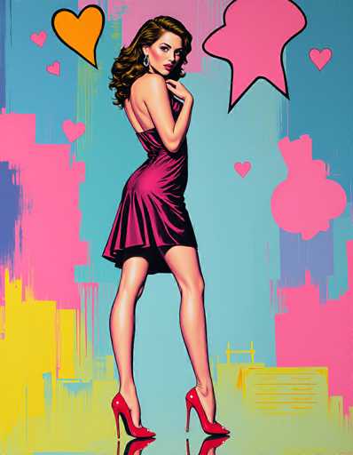 The image is a vibrant, cartoon-style illustration of a woman with long, curly brown hair, standing in a provocative pose. She is wearing a shiny, dark pink dress that reveals her back and legs, paired with red high heels. Her body is turned slightly to the right, but her head is facing the viewer, with her left hand near her neck and her right arm hanging down. The background is a dynamic mix of blue, pink, and yellow hues, with splashes of color and abstract shapes, including a pink heart and a pink club symbol. The woman's reflection is visible on the floor beneath her, adding to the overall lively and colorful composition.