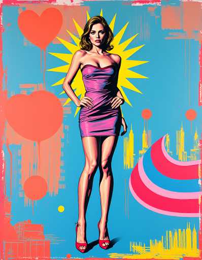 The image is a vibrant, pop art-style poster featuring Scarlett Johansson. She stands confidently in the center, wearing a tight, strapless purple dress that accentuates her figure and ends just above her knees. Her dark hair is styled in a shoulder-length bob, and she wears red high heels that complement her outfit. Behind her, a large yellow sunburst radiates, adding a dramatic backdrop. The background is a light blue canvas adorned with various abstract elements: red hearts, circles, and yellow buildings that resemble a stylized New York City skyline. The bottom right corner features a pink, blue, and light pink wave pattern, while the bottom left corner includes a red building. The overall composition is dynamic and colorful, capturing the essence of pop art with its bold lines and vivid hues.